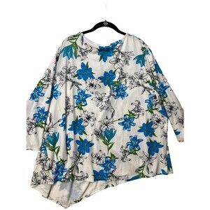 New DG2 Diane Gilman Floral Top Shirt 3/4 Sleeves Blue White Black Floral Ruffle